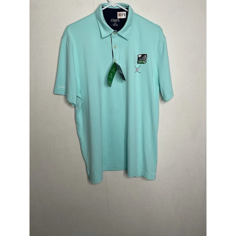 CHAPS Golf Polo Men's Size L  Aruba Blue/Light Turquoise Shorts Sleeve Shirt UPF - Picture 9 of 14